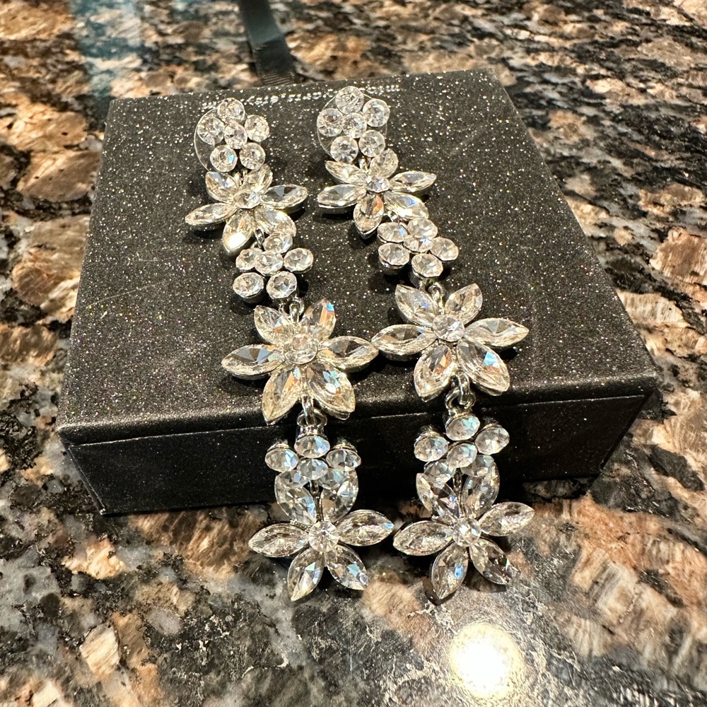 Elegant Silver Crystal Flower Drop Earrings